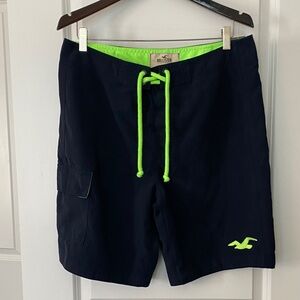 Hollister Men's Dark Blue Swim Shorts with Bright Green Details